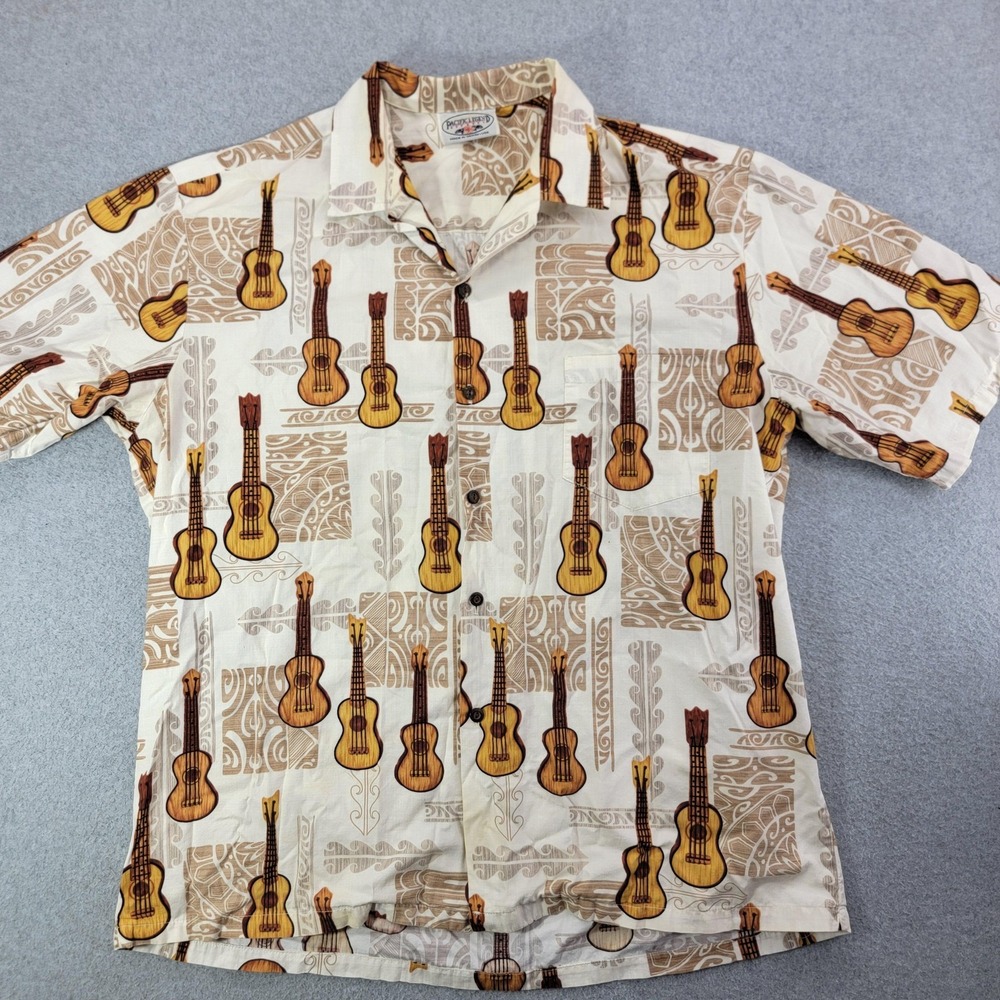 Pacific Legend Shirt Mens XL Beige Guitar Hawaiian Aloha Short Sleeve Button Up